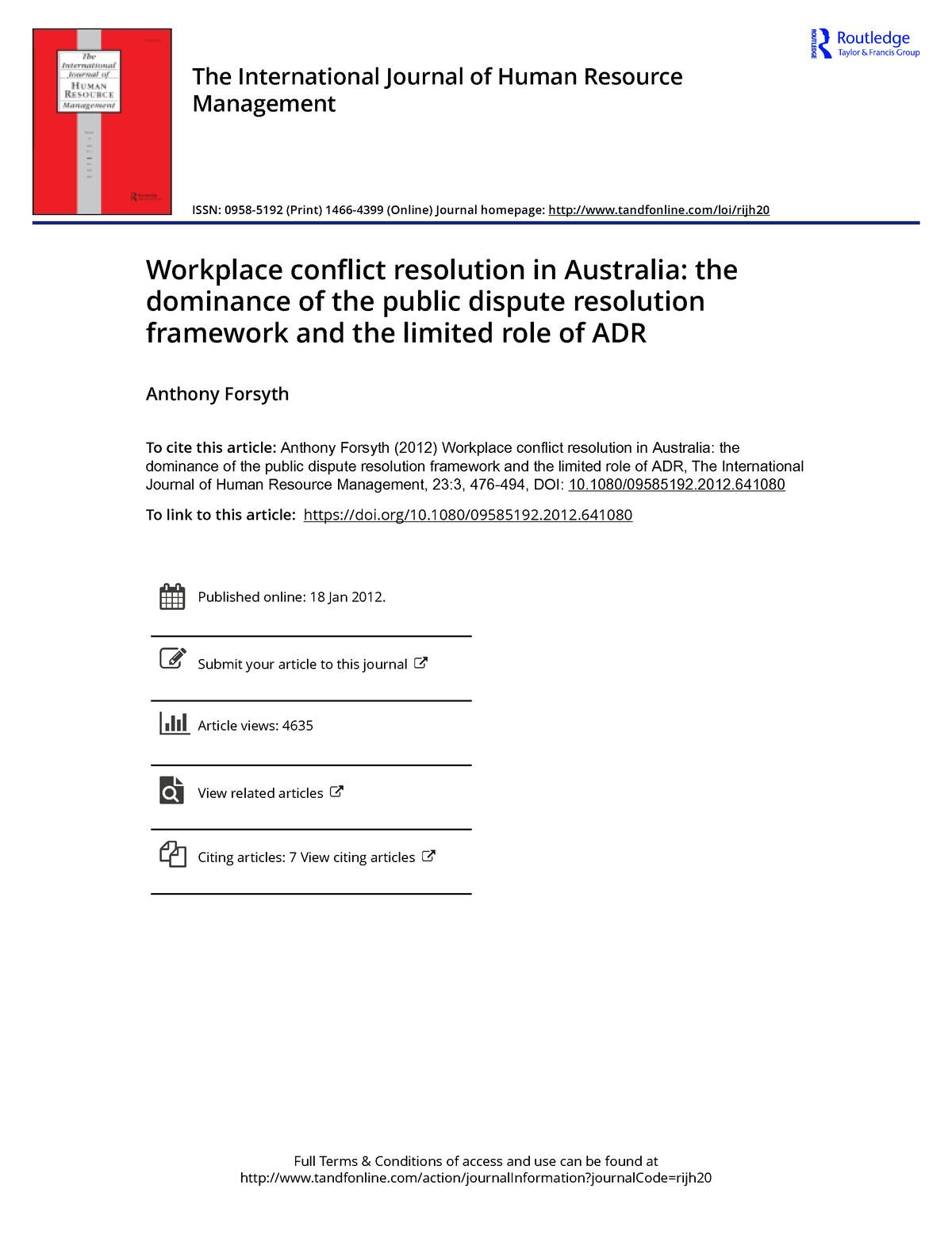 Workplace conflict resolution in Australia the dominance of the public ...