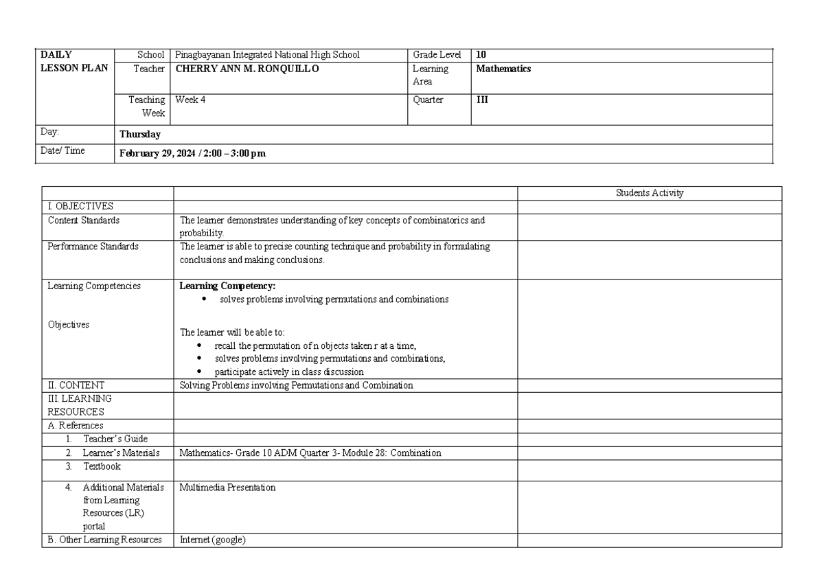 Solving Problems Involving Permu AND Combi - DAILY LESSON PLAN School ...