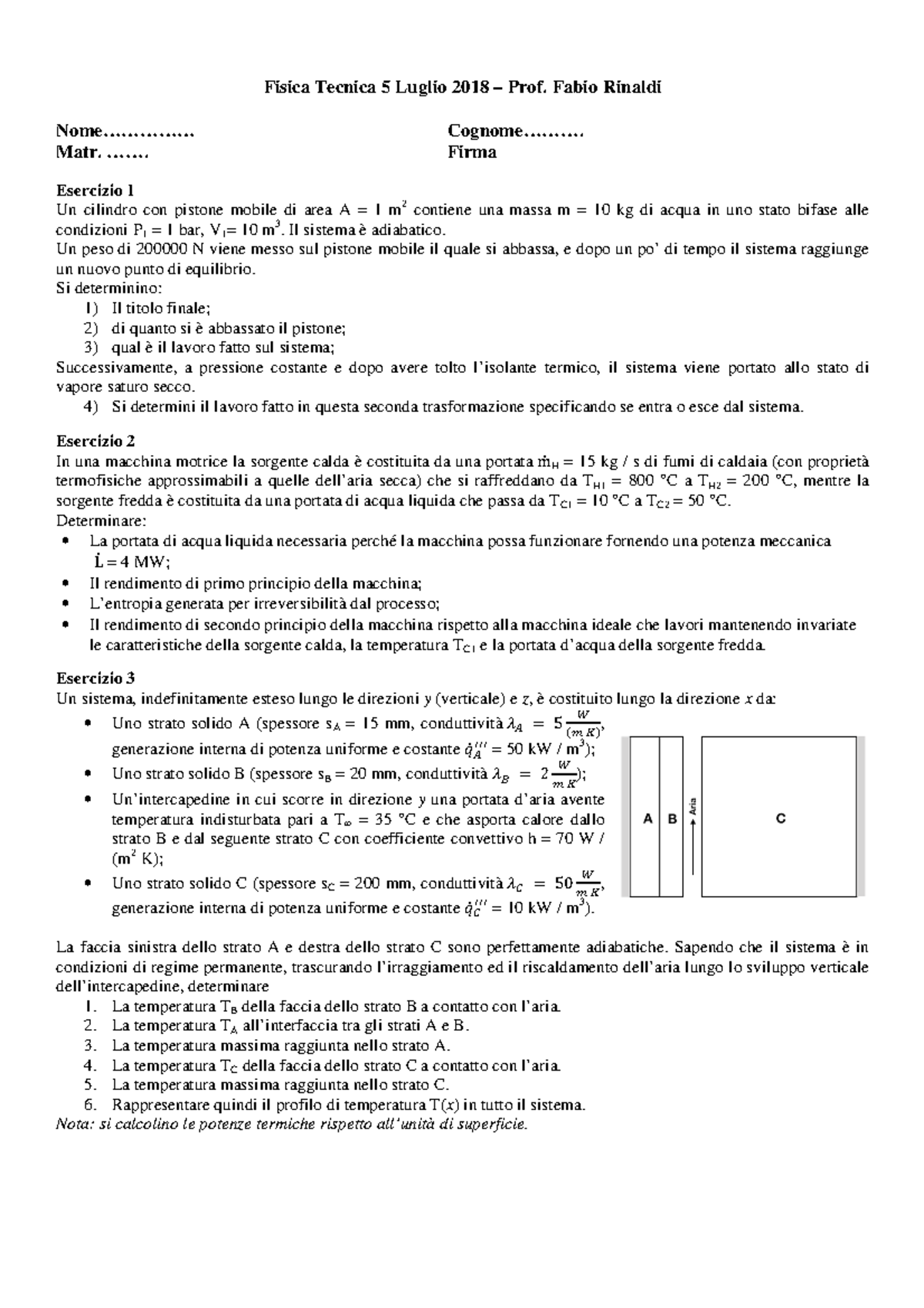 Esame 5 Luglio 2018 Con Soluzioni Fisica Tecnica 5 Luglio 2018 Prof