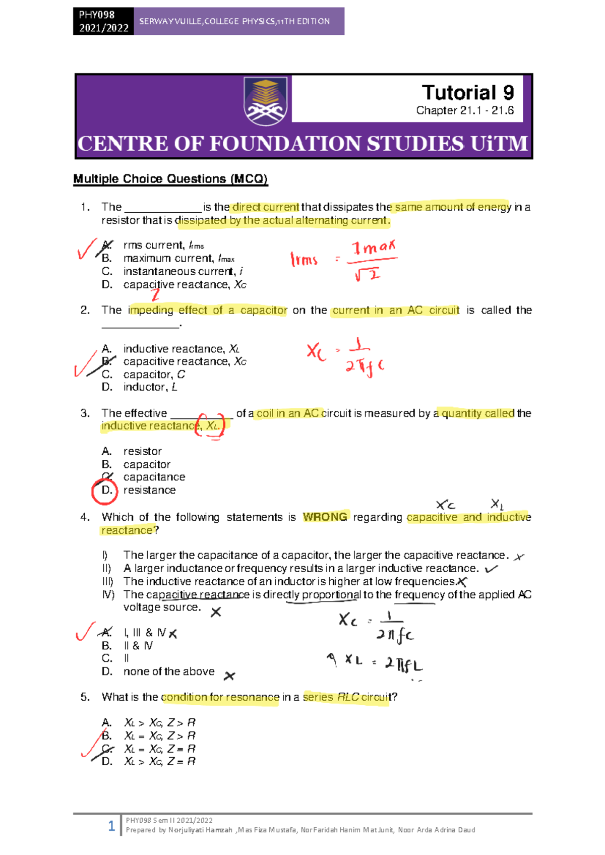 TUTO 9 - Tutorial 9-PHY098 - PHY 2021 /202 2 SERWAY VUILLE,COLLEGE ...