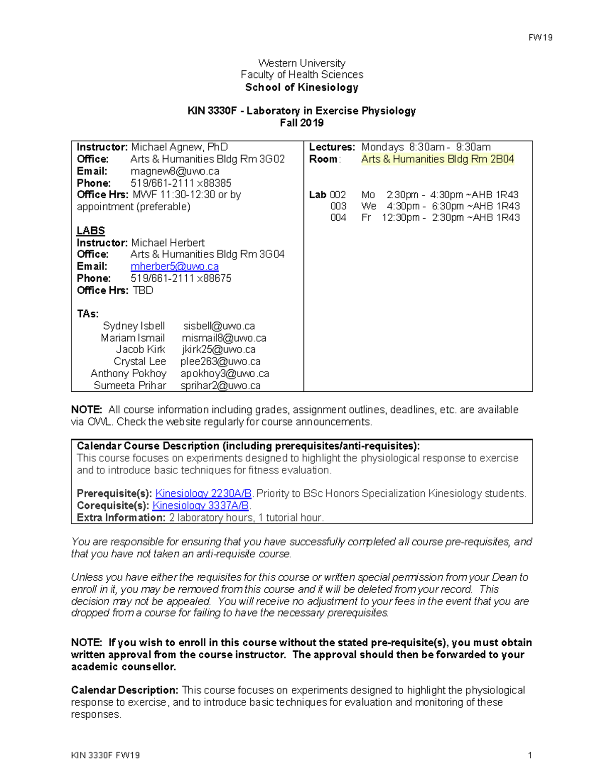 KIN 3330F Laboratory in Exercise Physiology - Western University ...