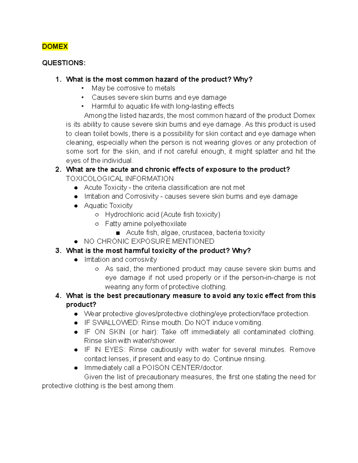 TOXICOLOGY LAB PHARMACY ASSIGNMENT Toxicology Domex DOMEX QUESTIONS