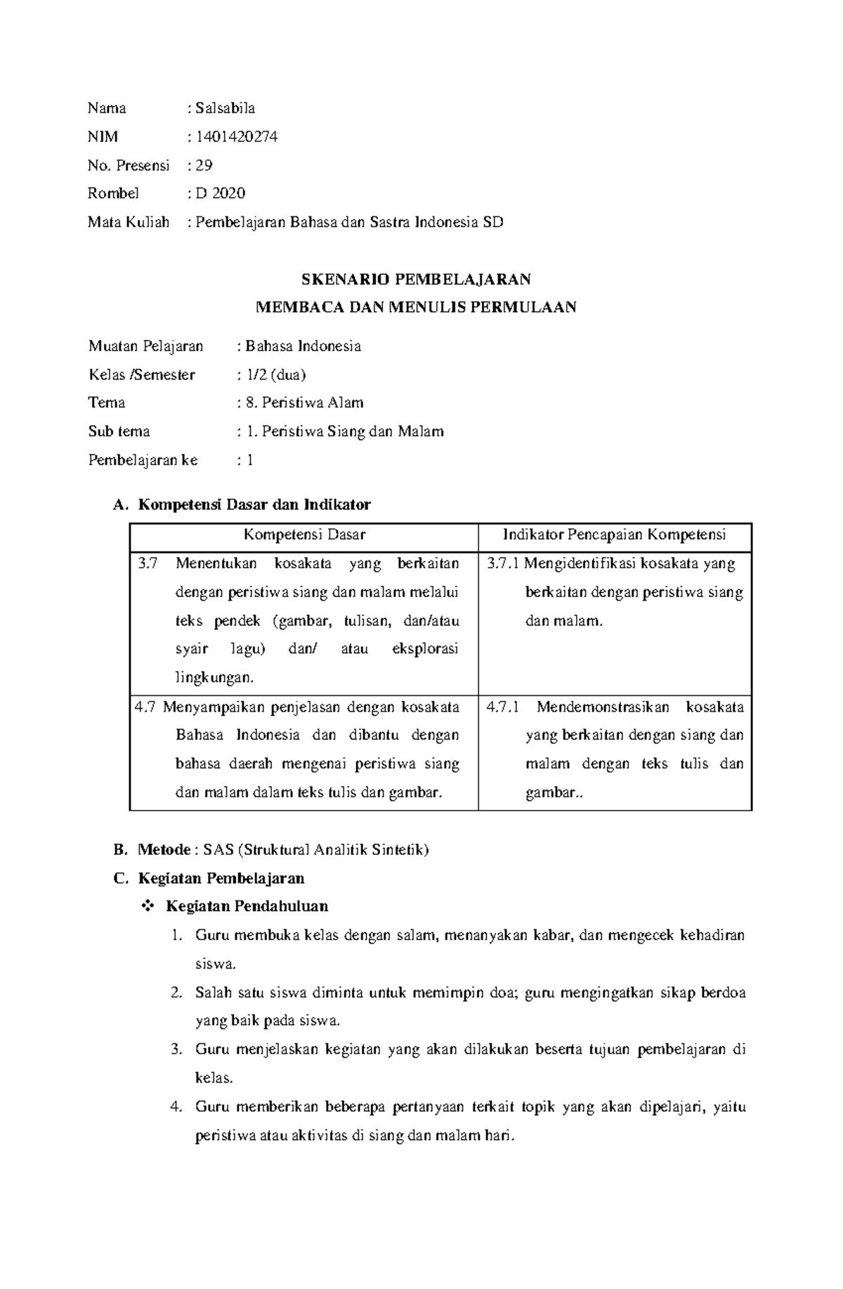 Skenario Pembelajaran B.Indonesia (Metode MMP) - Nama : Salsabila NIM ...