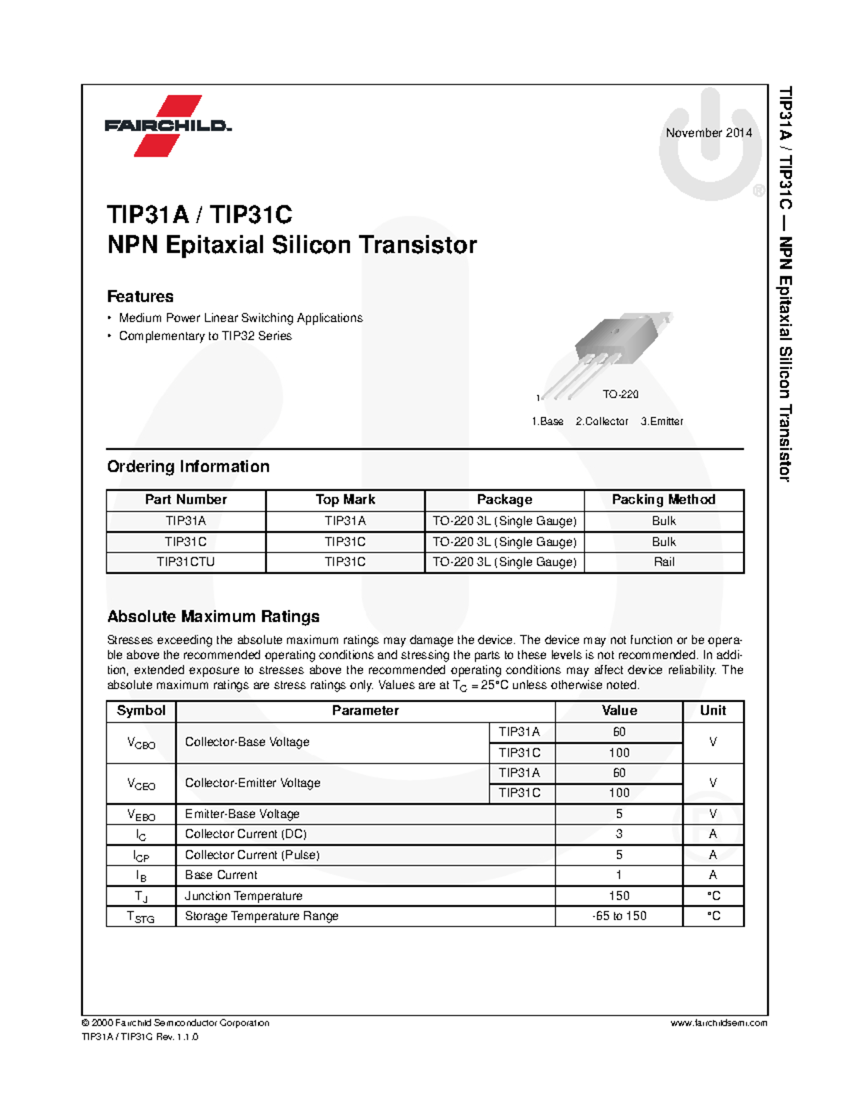 TIP31 Datasheet para Practica de Electronica - © 2000 Fairchild ...