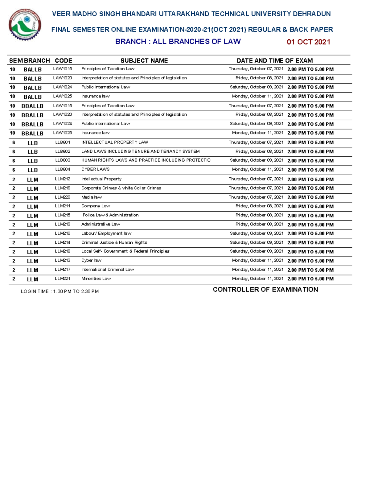 Scheme LAW Final SEM 2020 21 Online - VEER MADHO SINGH BHANDARI ...