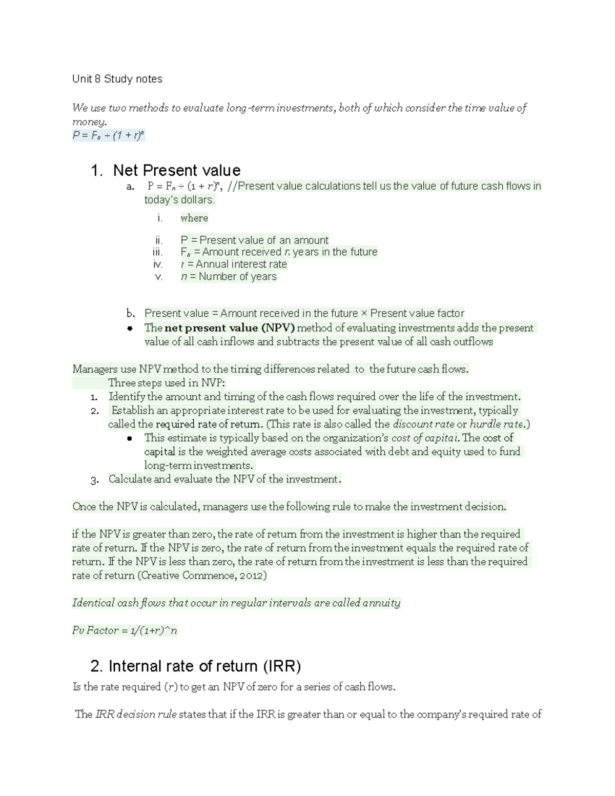 Unit 8 Study notes - Unit 8 Study notes We use two methods to evaluate ...