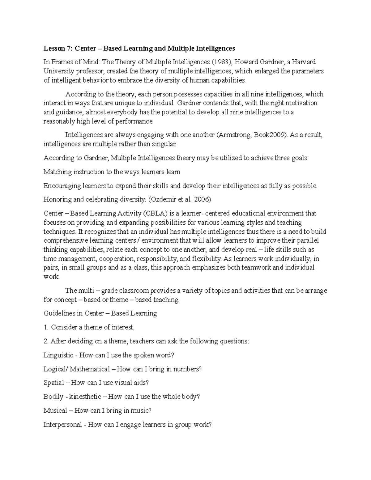Lesson 7 - n/a - Lesson 7: Center – Based Learning and Multiple ...