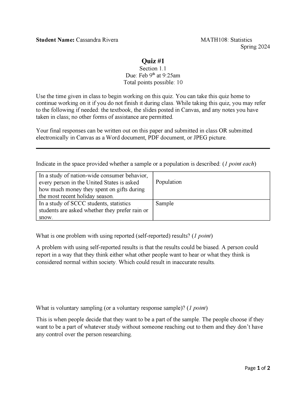 Quiz 1 SP24 Quiz Student Name Cassandra Rivera MATH108