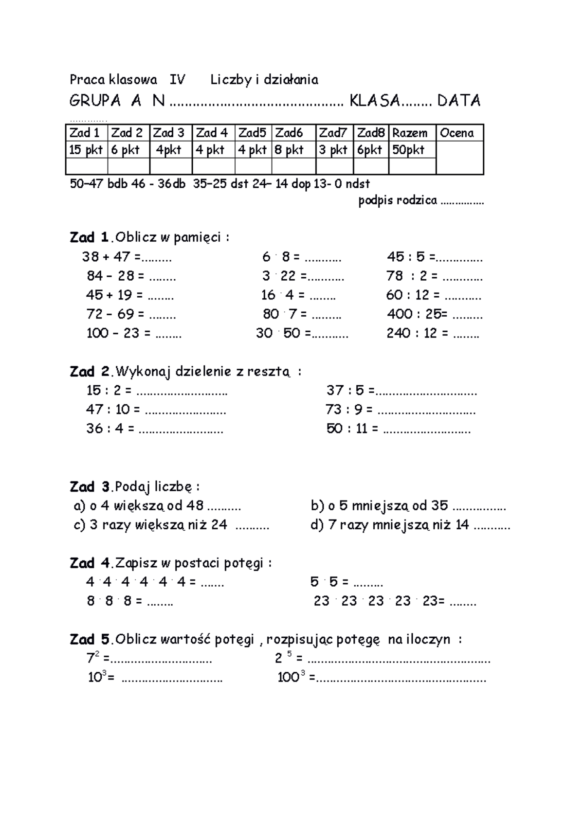 Praca Klasowa Iv Liczby I Dzia Ania Praca Klasowa Iv Liczby I Dzia Ania Grupa A N Studocu