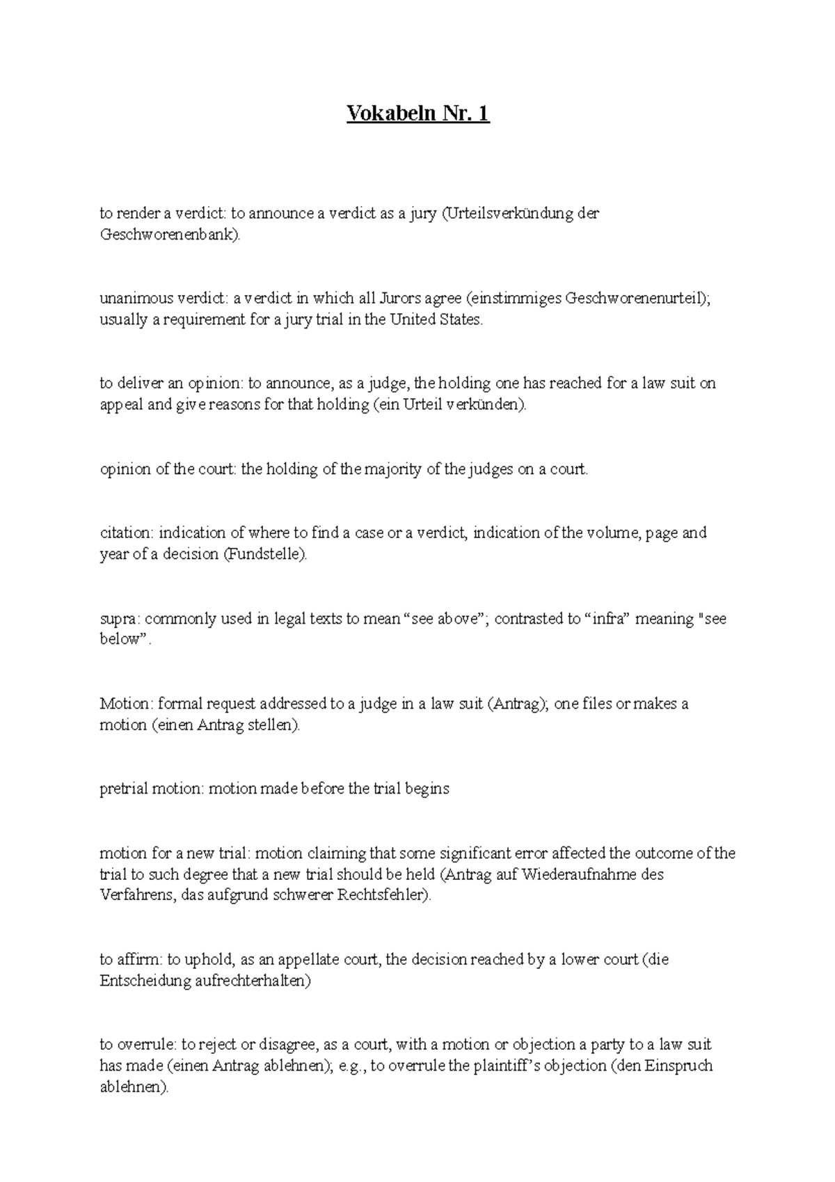 Vokabeln 1 Vokablen 1 Vokabeln Nr. 1 to render a verdict to