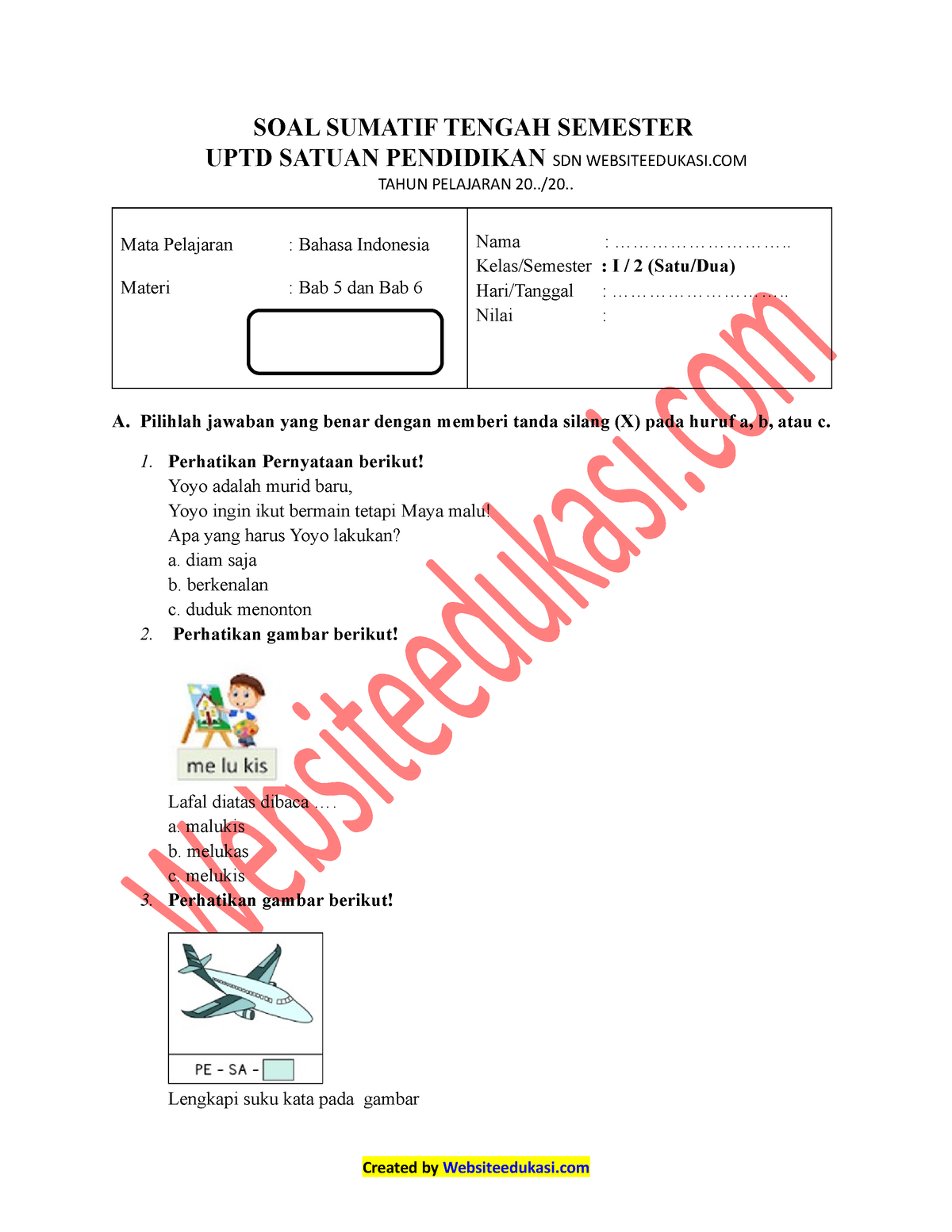 Soal STS 2 B.Indo Kelas I SD Kurmer (Websiteedukasi - SOAL SUMATIF ...