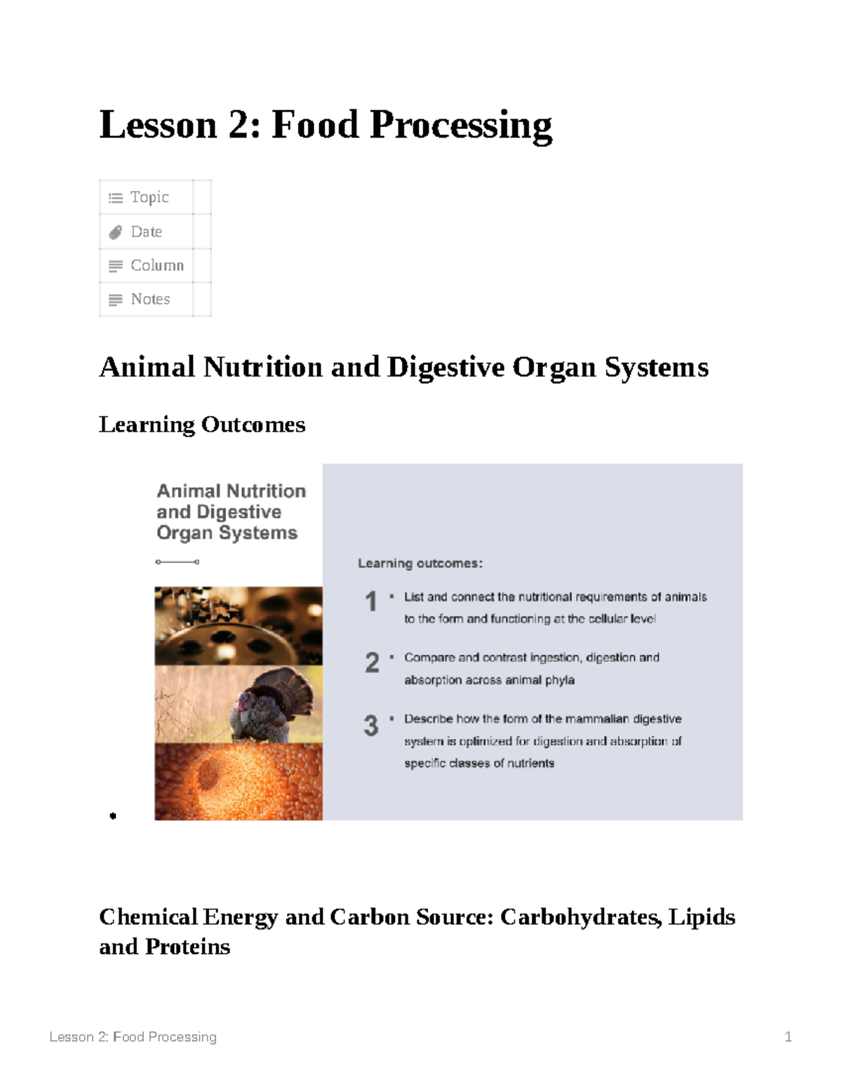 Lesson 2 Food Processing Lesson 2 Food Processing Topic Date Column