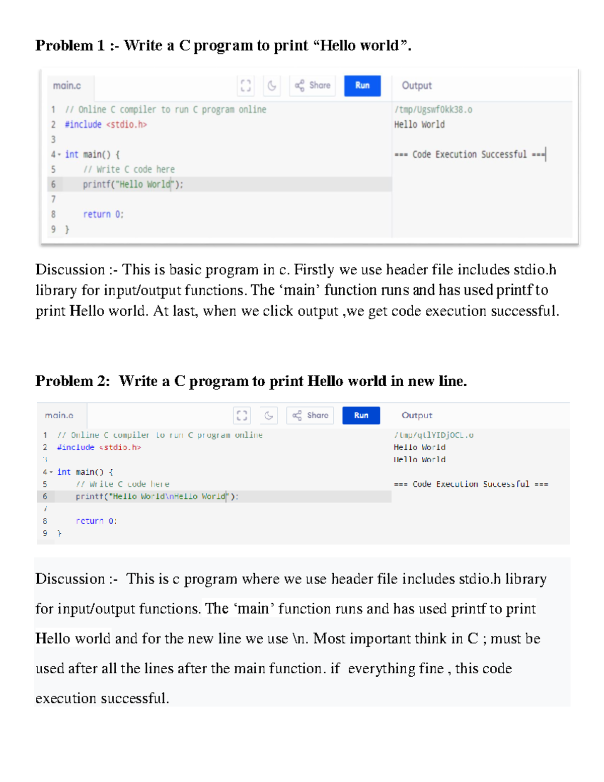CSE 32 lab 1 - Ntf - Problem 1 :- Write a C program to print “Hello ...