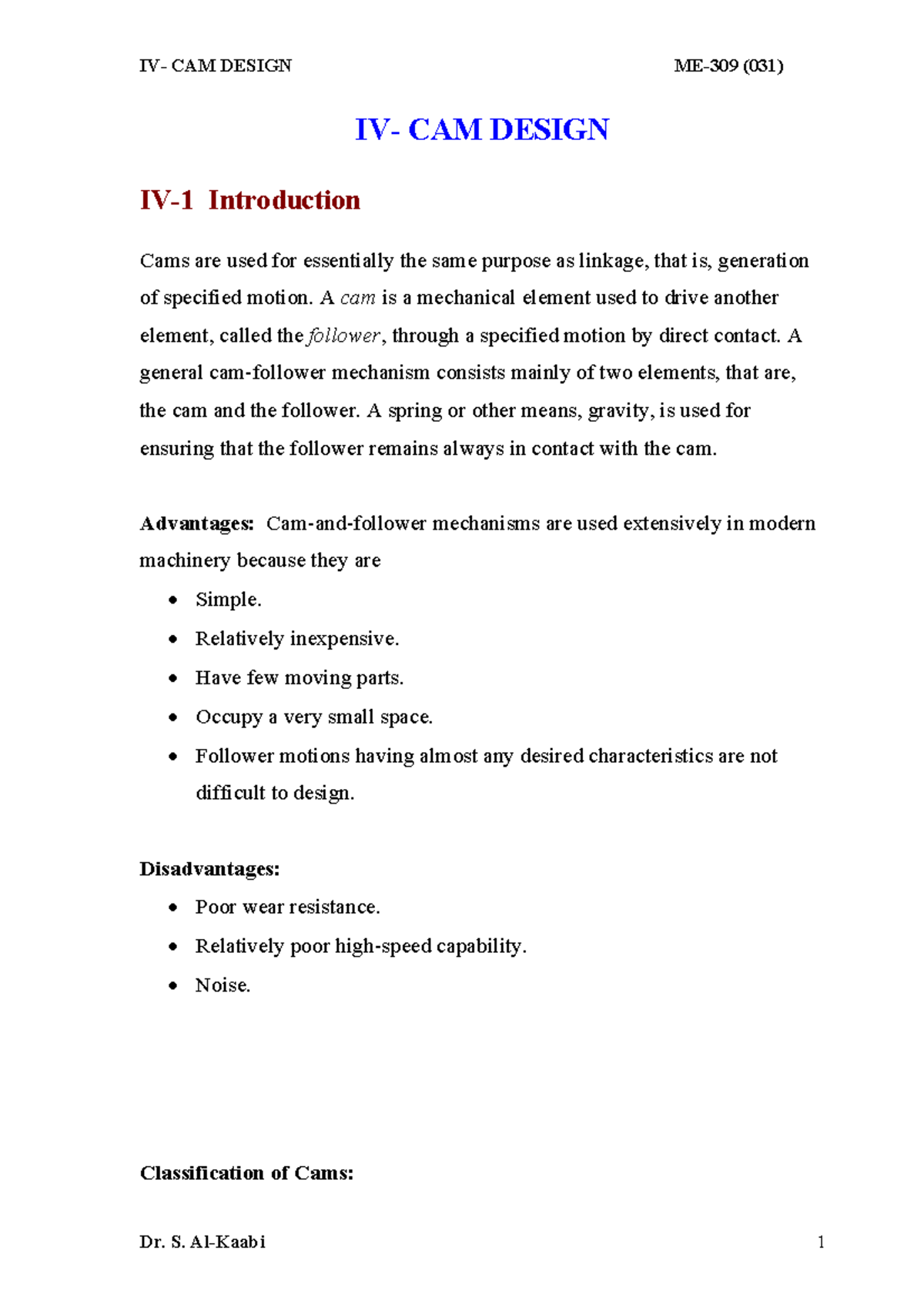 ME309 NotesCh4 Kinematics of Machinery IV CAM DESIGN IV1
