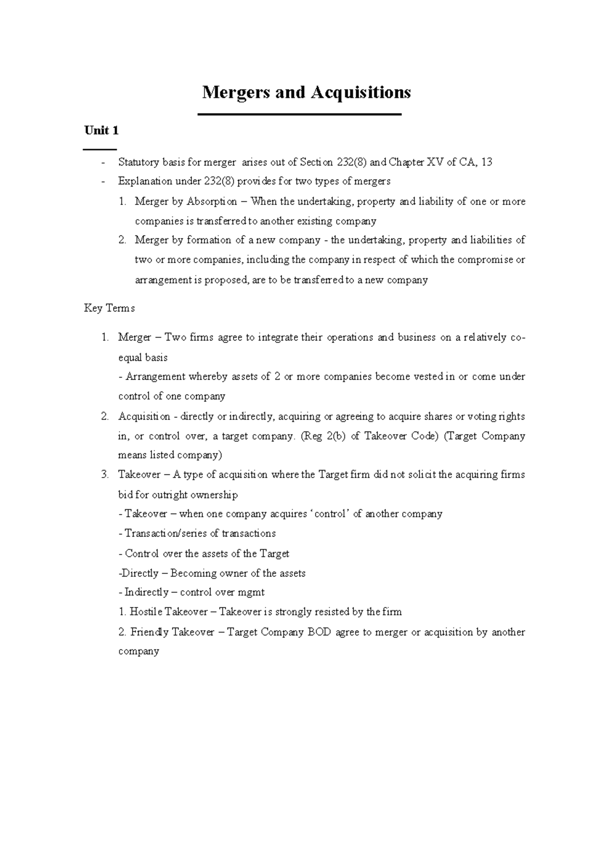Mergers-and-acquisitions-notes compress - Mergers and Acquisitions Unit ...
