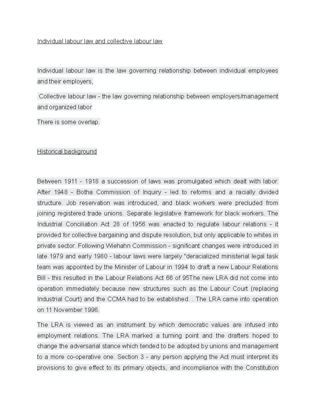 Collective Labour Prep For Test Individual Labour Law And Collective