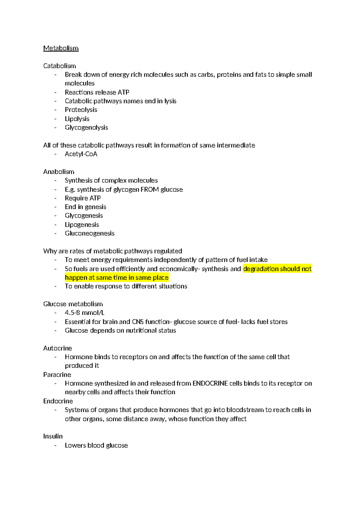 Metabolism notes - Metabolism Catabolism - Break down of energy rich ...