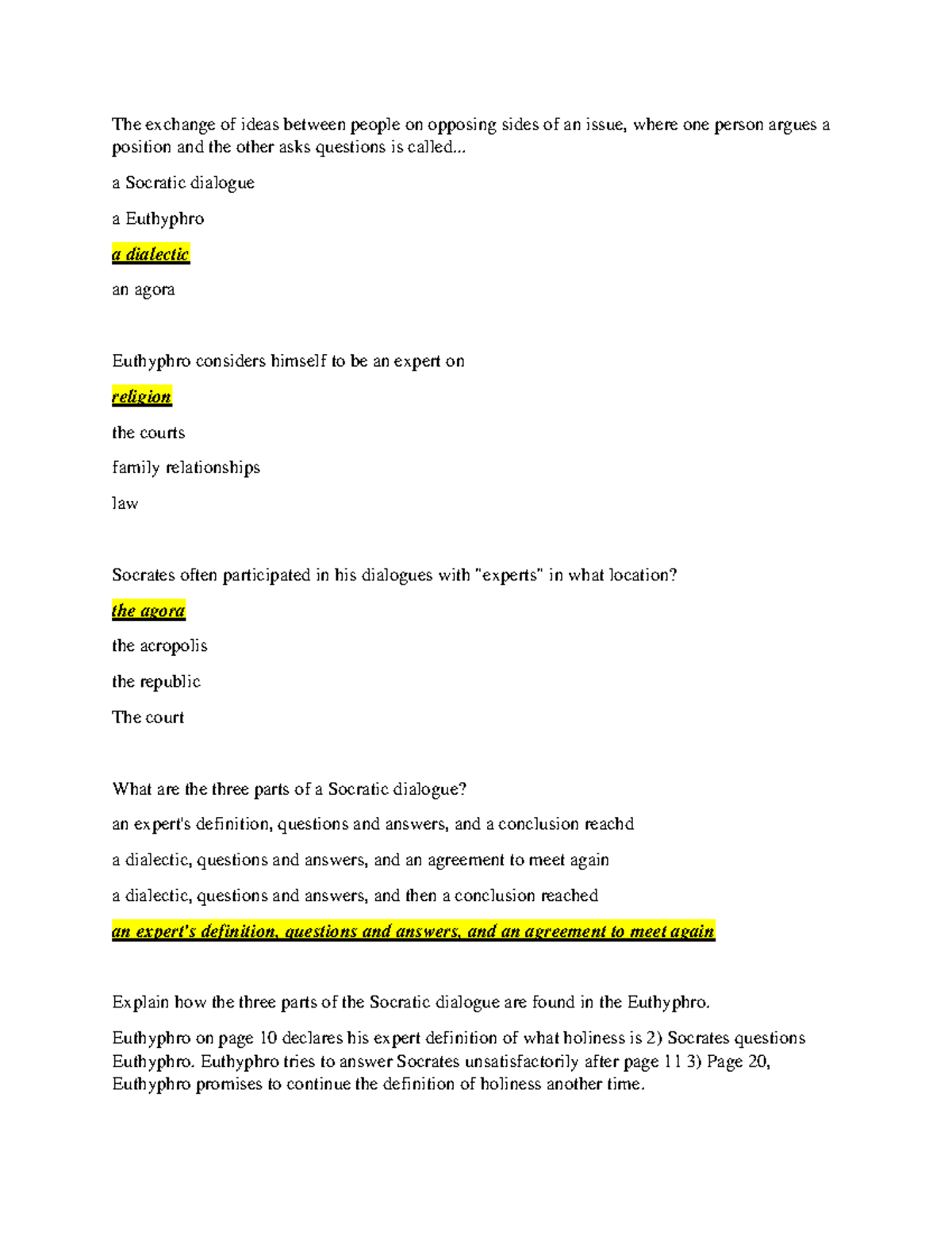 Dialogue & Euthyphro edpuzzle Multiple Choice - The exchange of ideas ...