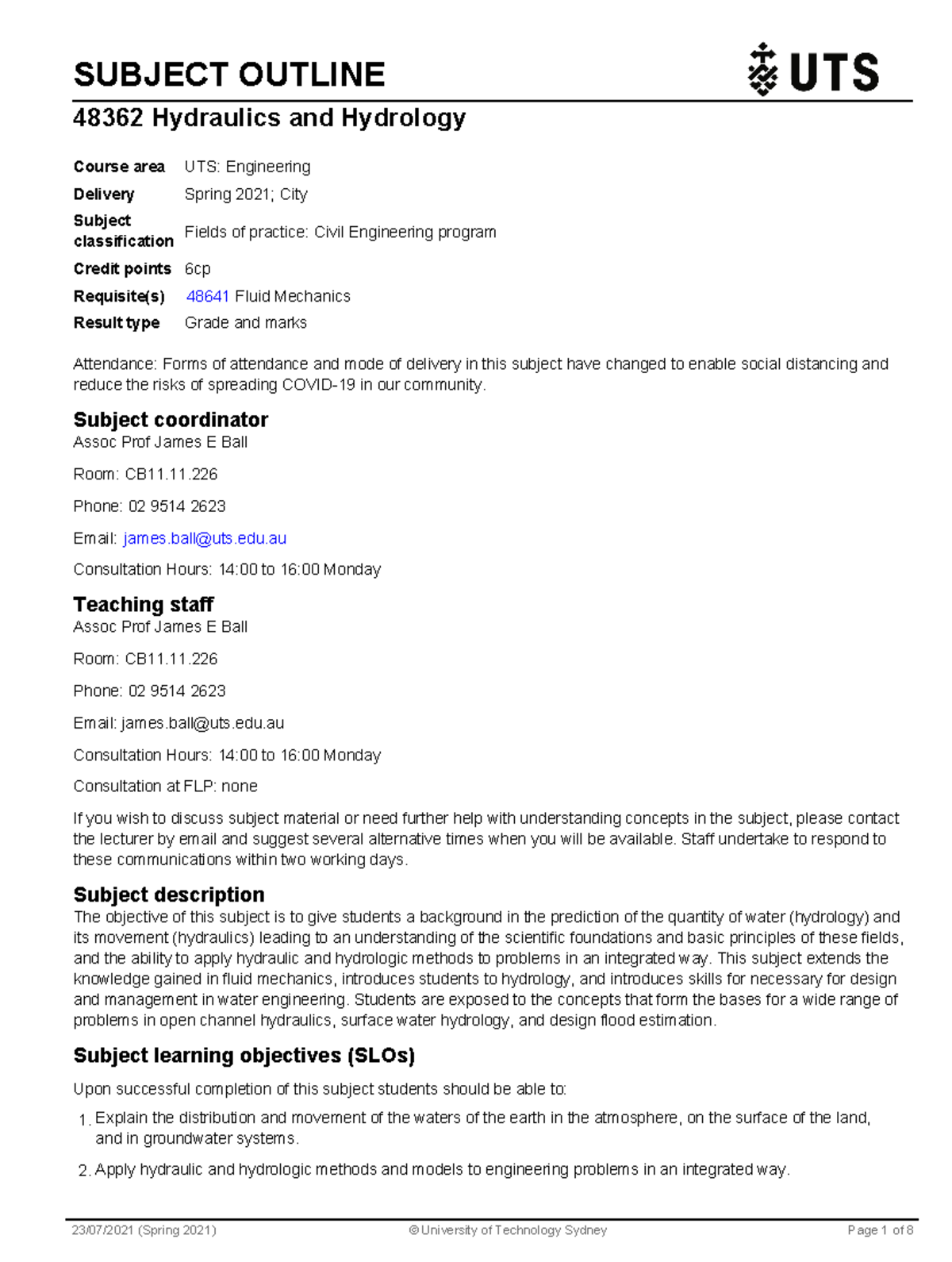Hydraulics and Hydrology subject outline 2021 SUBJECT OUTLINE 48362