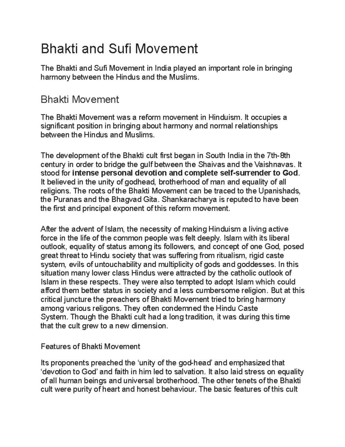Bhakti and Sufi Movement - Bhakti Movement The Bhakti Movement was a ...