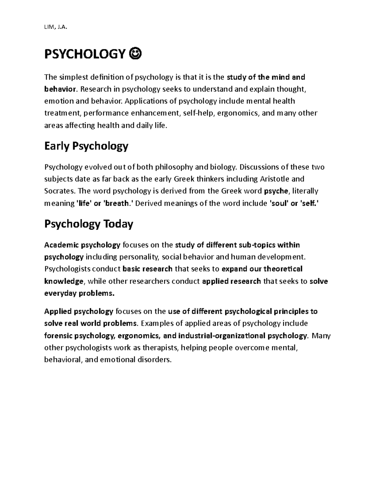 Psychology - LIM, J. PSYCHOLOGY The simplest definition of psychology ...