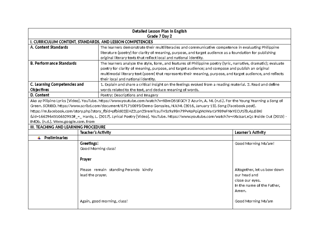 Detailed Lesson Plan in English day2 - Detailed Lesson Plan in English ...