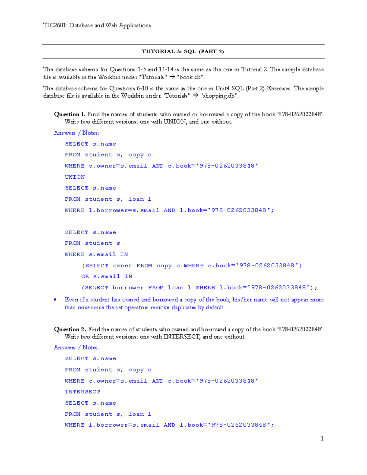 Tutorial 03 Questions and Answers - TUTORIAL 3: SQL (PART 2) The ...