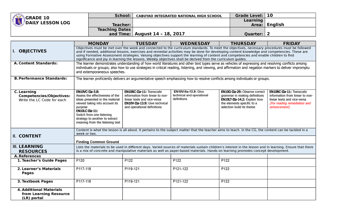 English 10 DLL Quarter - Detailed Lesson Plan - GRADE 10 DAILY LESSON ...