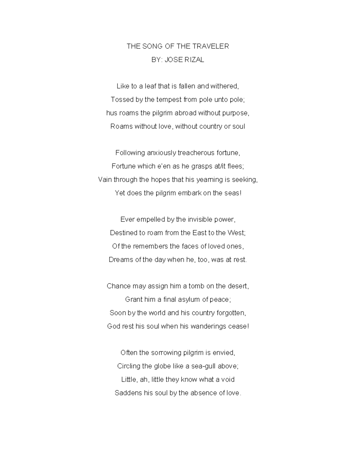 THE SONG OF THE Traveler - THE SONG OF THE TRAVELER BY: JOSE RIZAL Like ...