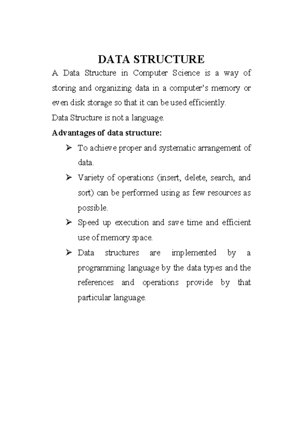 Unit 1 - DATA STRUCTURE A Data Structure in Computer Science is a way ...