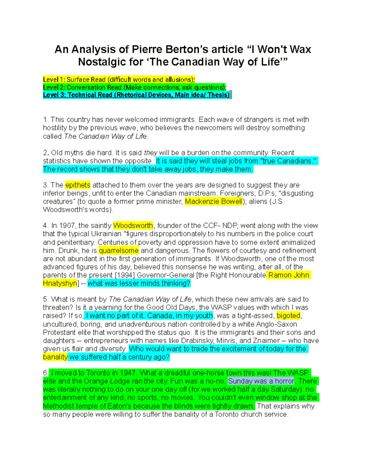 Rhetoric Analysis Assignment An Analysis of Pierre Berton’s article