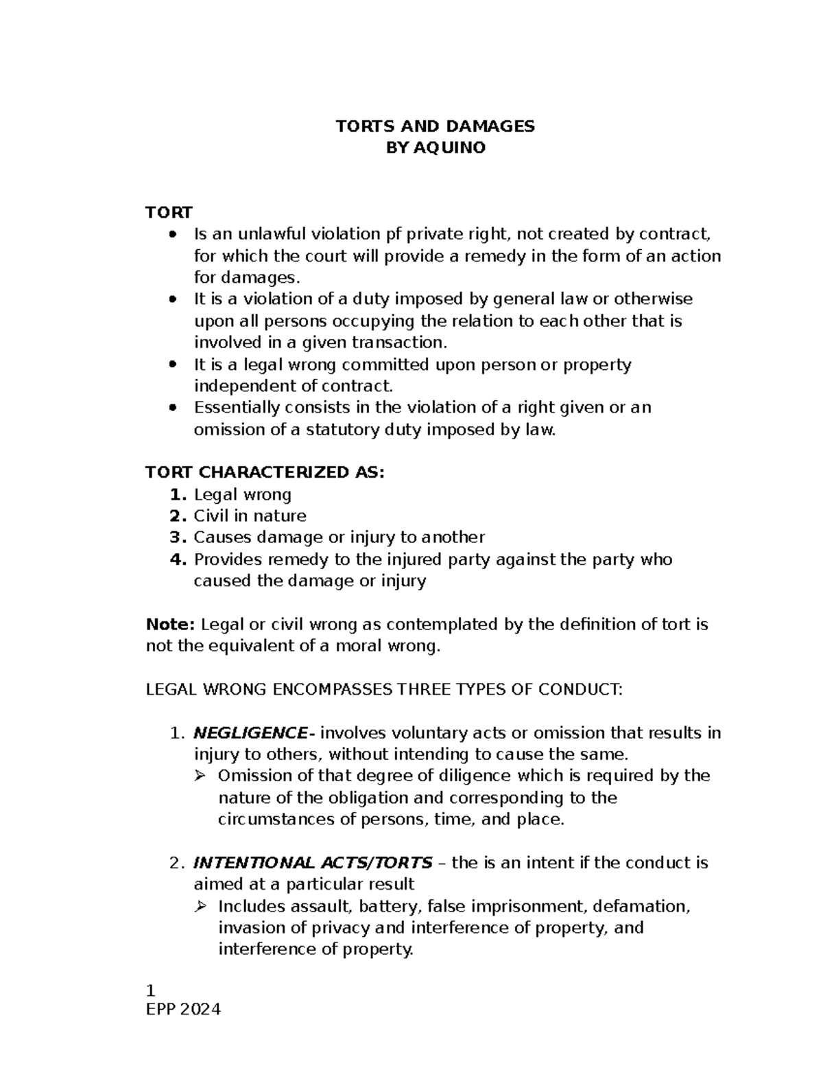 Torts AND Damages - ..... - TORTS AND DAMAGES BY AQUINO TORT Is an ...
