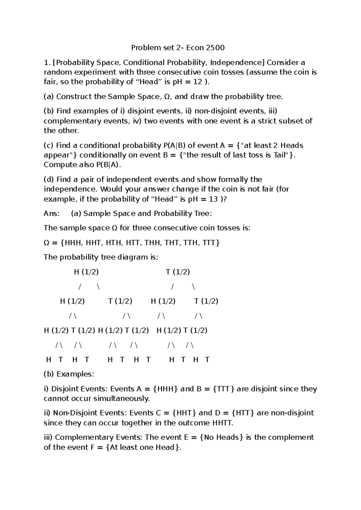 Problem set-2 - ps 2 - Problem set 2- Econ 2500 1. [Probability Space ...