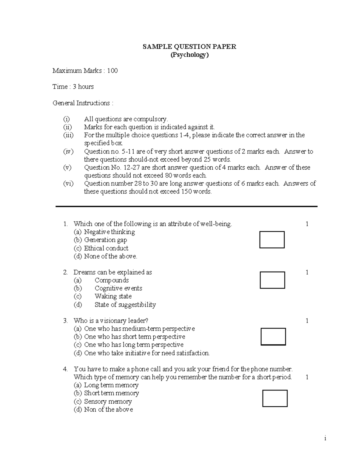 Psychology Question Bank - i SAMPLE QUESTION PAPER (Psychology) Maximum ...