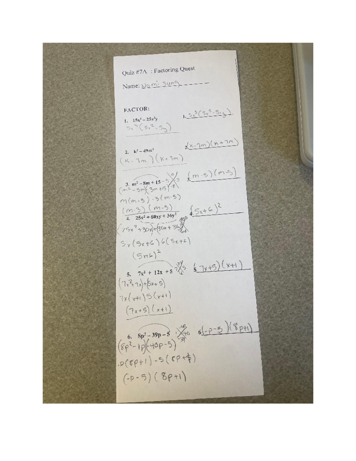 Quiz 7 Factoring Quest Math quiz Quiz 7A Factoring Quest Name