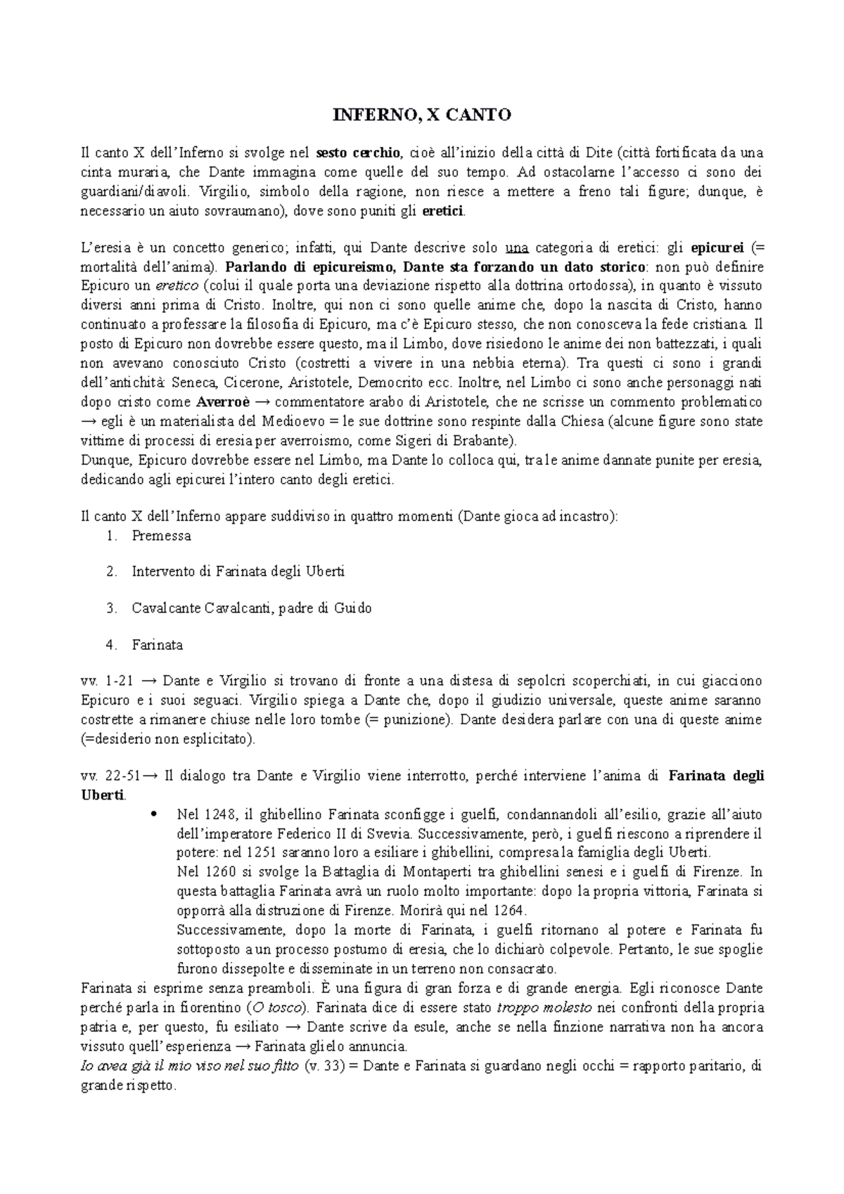 Inferno, X riassunto dettagliato contenuto canto divina commedia