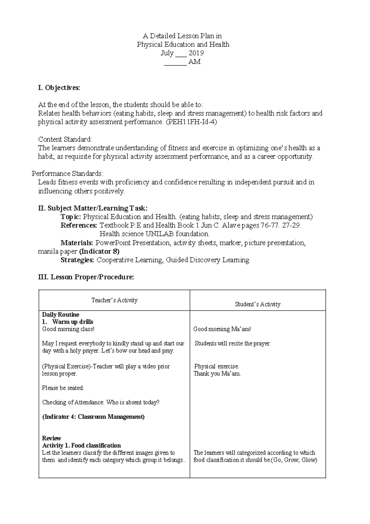 P.E and Health - notes - A Detailed Lesson Plan in Physical Education ...