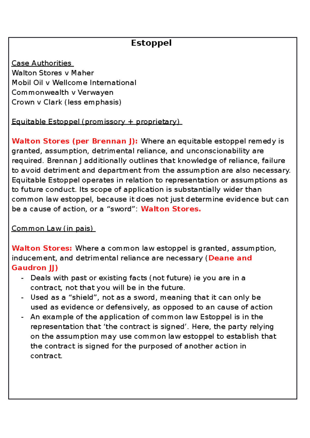 Estoppel Exam Exam Summaries For Open Book Exam Estoppel Case Authorities Walton Stores V Studocu