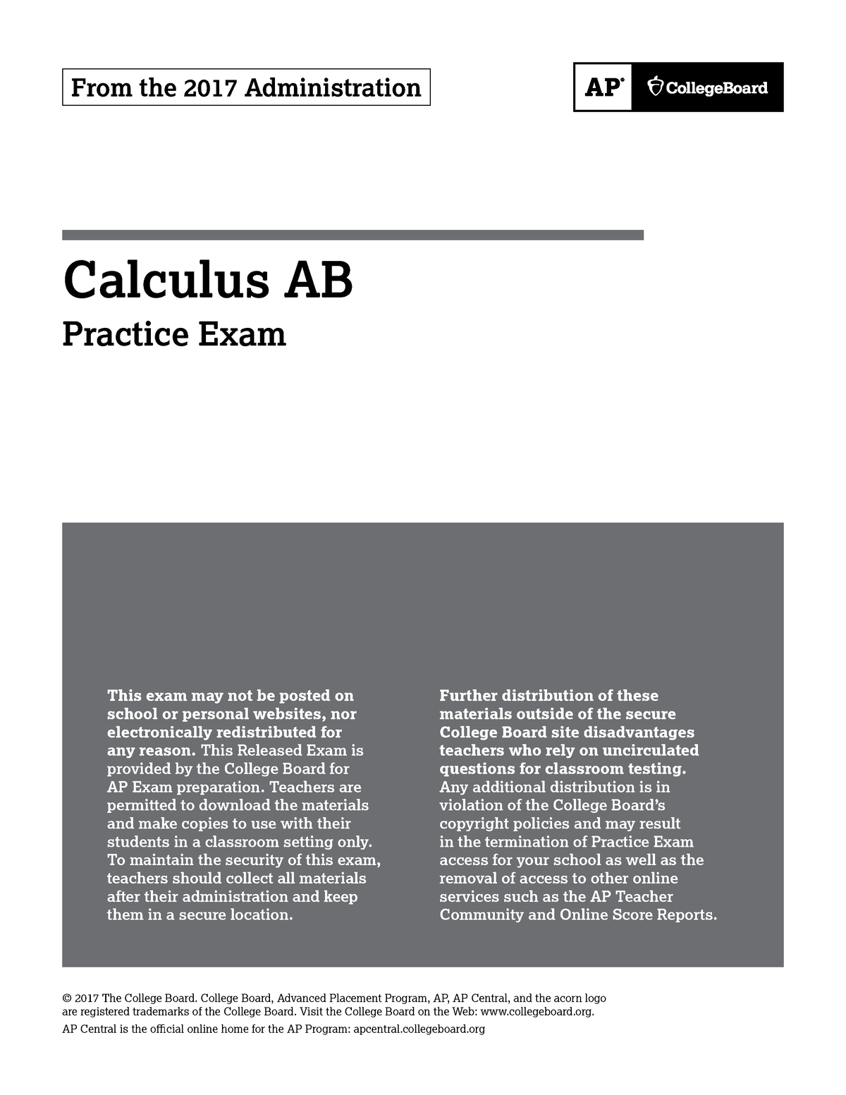 Ap calculus ab 2017 practice exam - From the 2017 Administration Calculus AB Practice Exam This exam - Studocu
