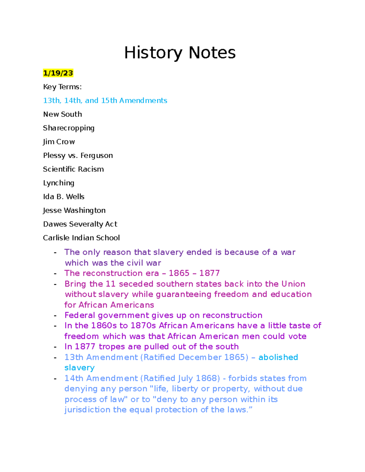 History Notes - History Notes 1/19/ Key Terms: 13th, 14th, and 15th ...