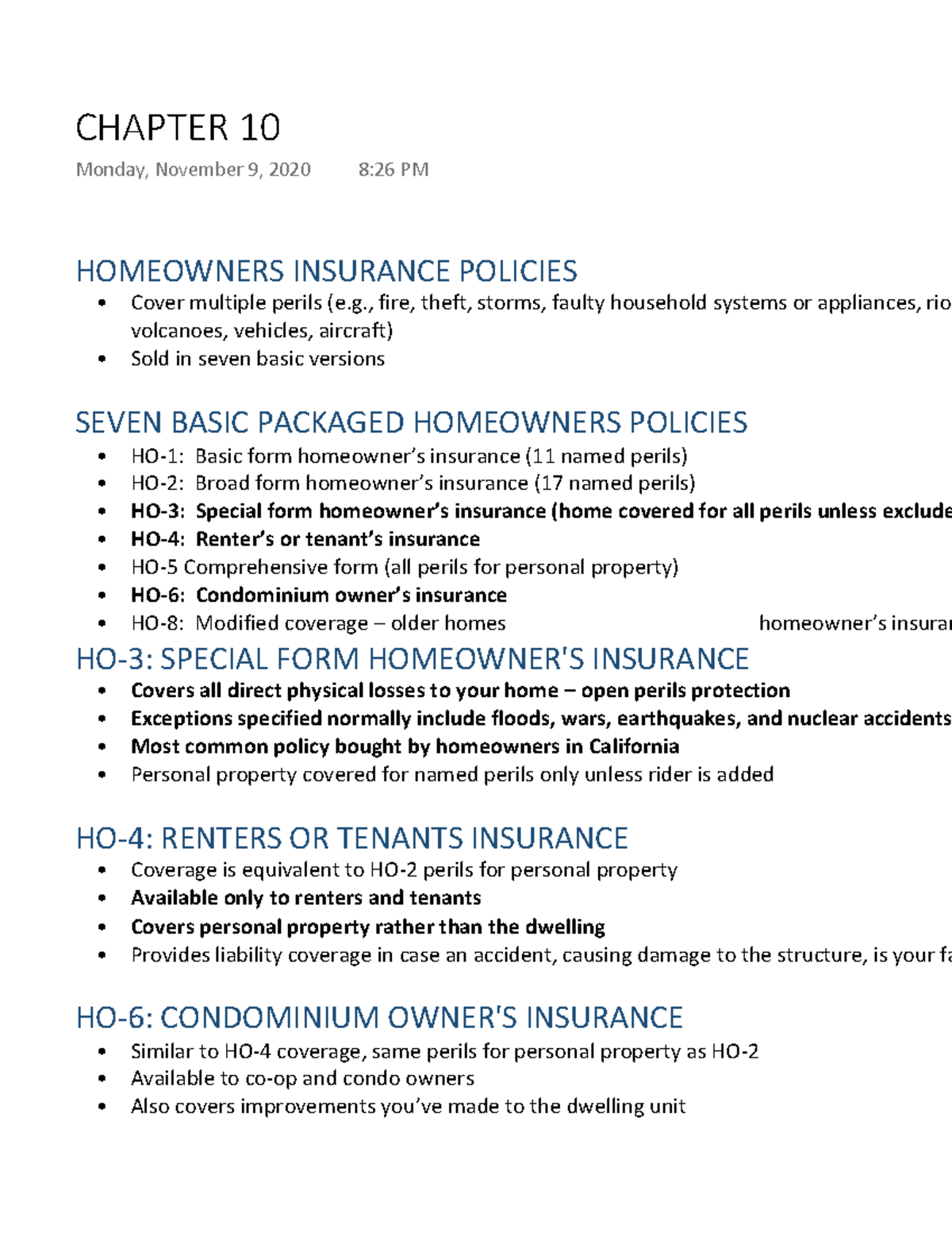 Chapter 10 - Lecture notes 10 - HOMEOWNERS INSURANCE POLICIES Cover ...