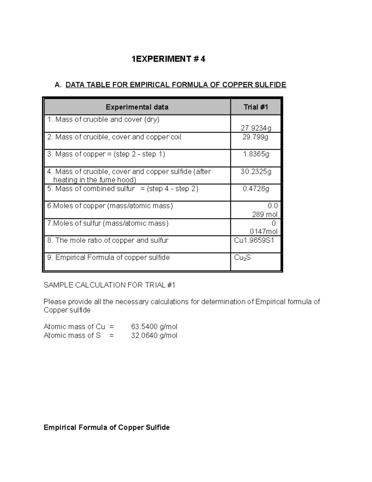 Lab Report2 titration lab report 1EXPERIMENT 4 A. DATA TABLE FOR EMPIRICAL FORMULA OF