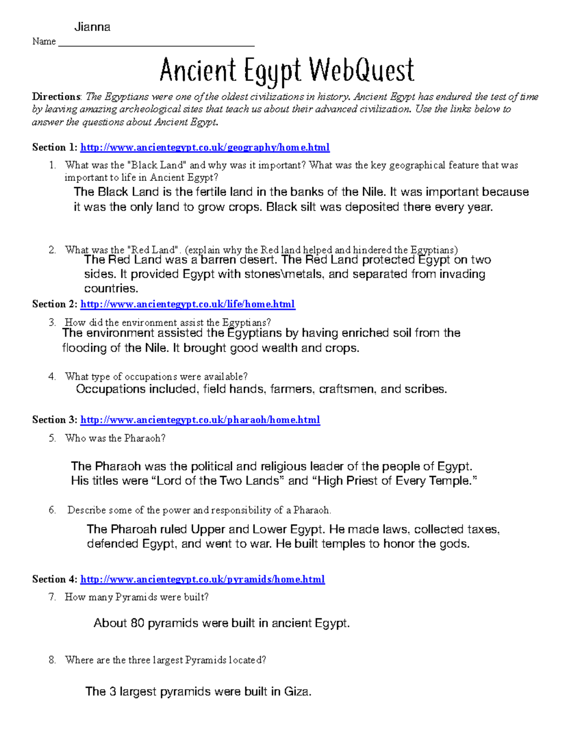 Ancient Egypt Webquest Answer Key 9th Grade