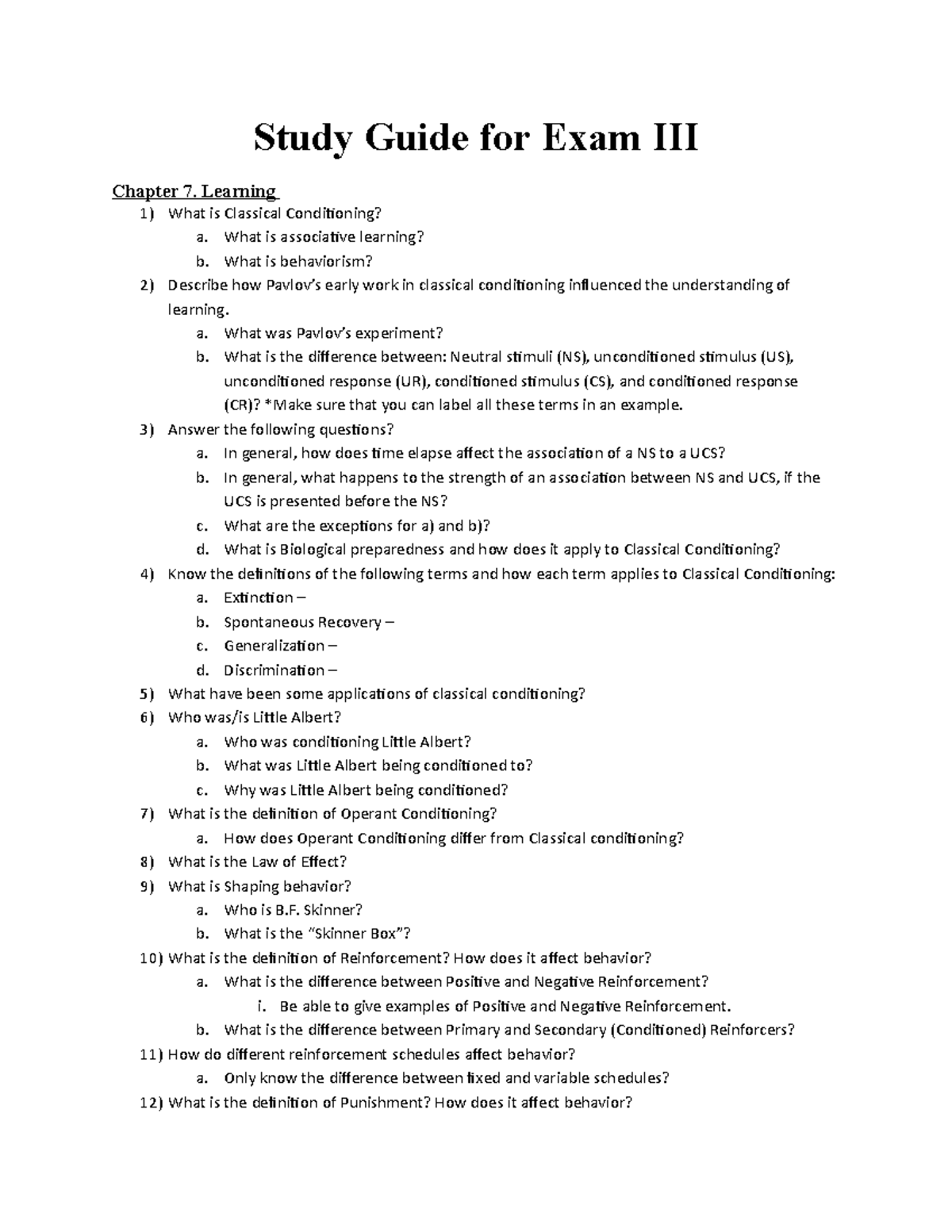 Study Guide for Exam III - Study Guide for Exam Chapter 7. Learning 1 ...