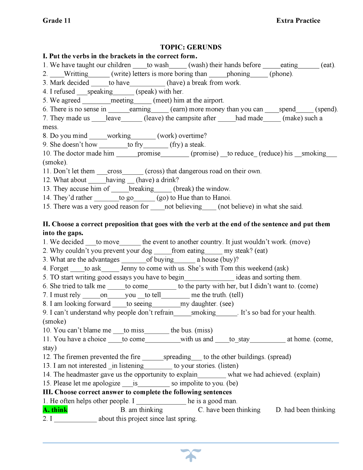 [Template] MORE Practice ON Gerund - Grade 11 Extra Practice TOPIC ...