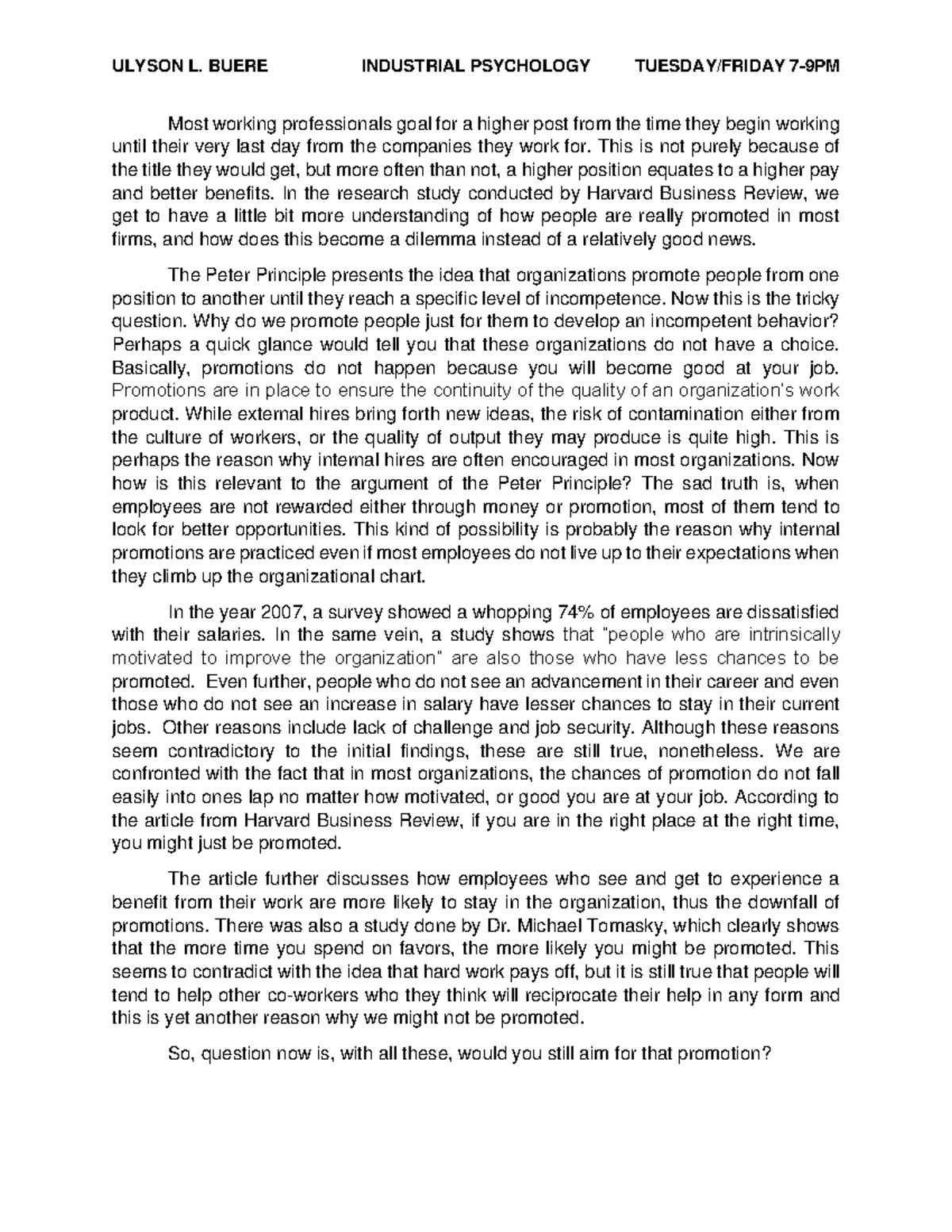 Reflection Paper-Peter Principle-Buere - ULYSON L. BUERE INDUSTRIAL ...