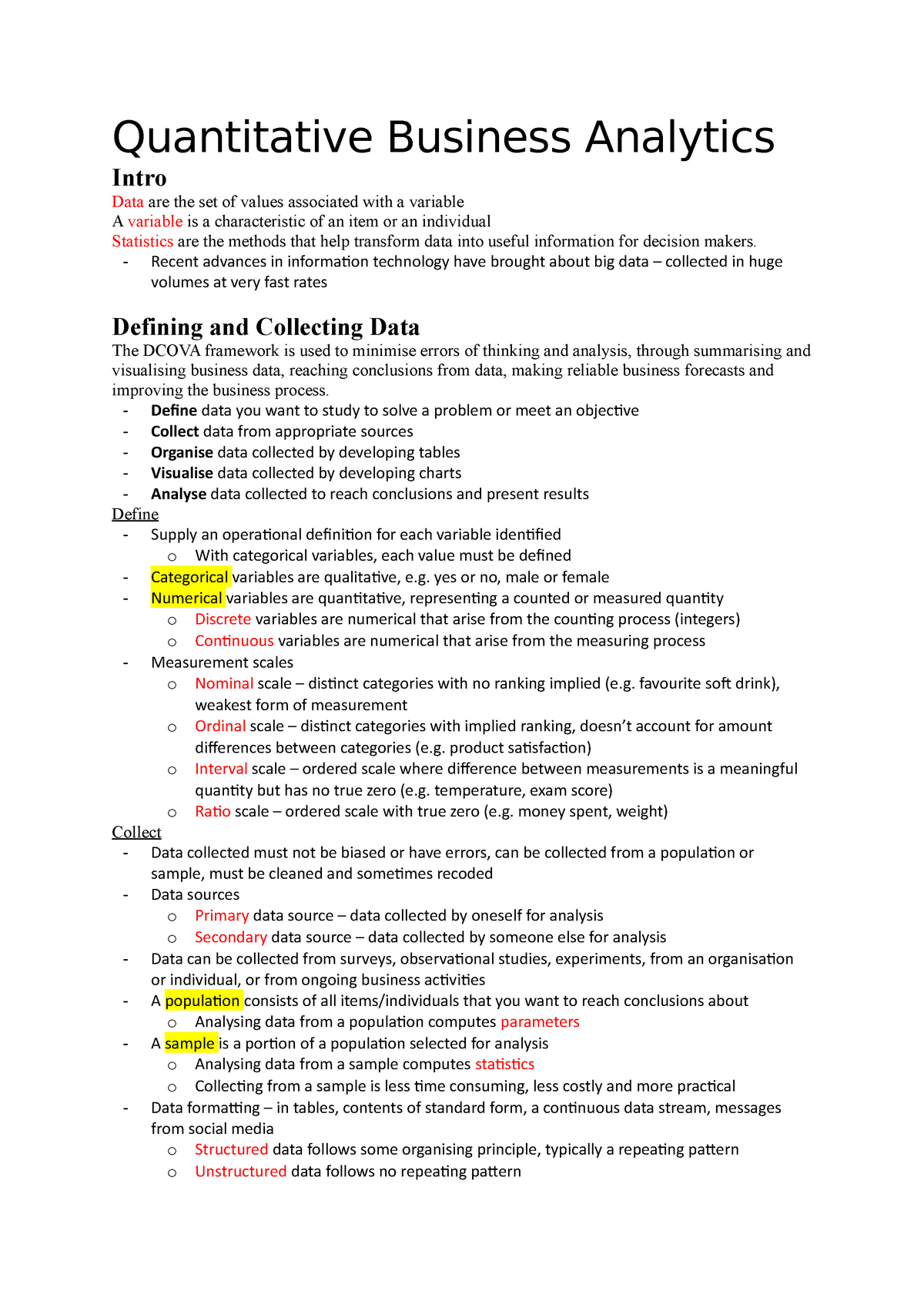 BUS1020 Notes - Quantitative Business Analytics Intro Data are the set ...