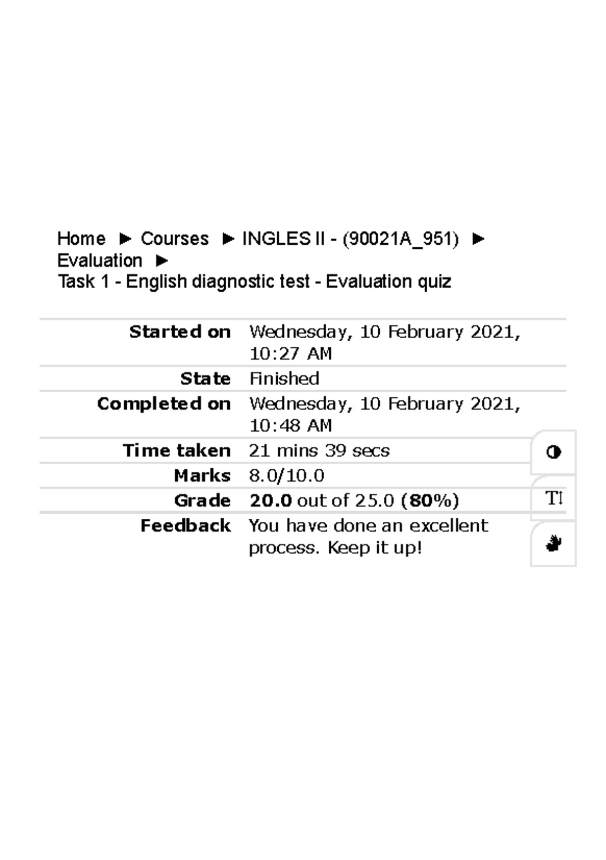 Task 1 English diagnostic test Evaluation quiz Grade 20 out of 25