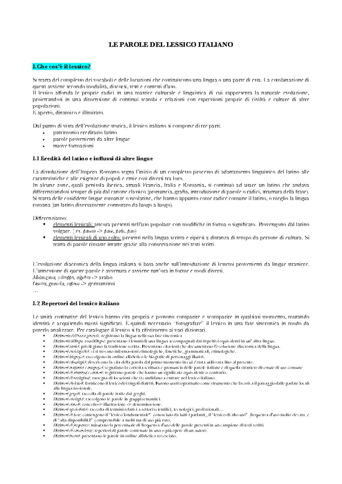 Le parole del lessico italiano - LE PAROLE DEL LESSICO ITALIANO I cos’è ...