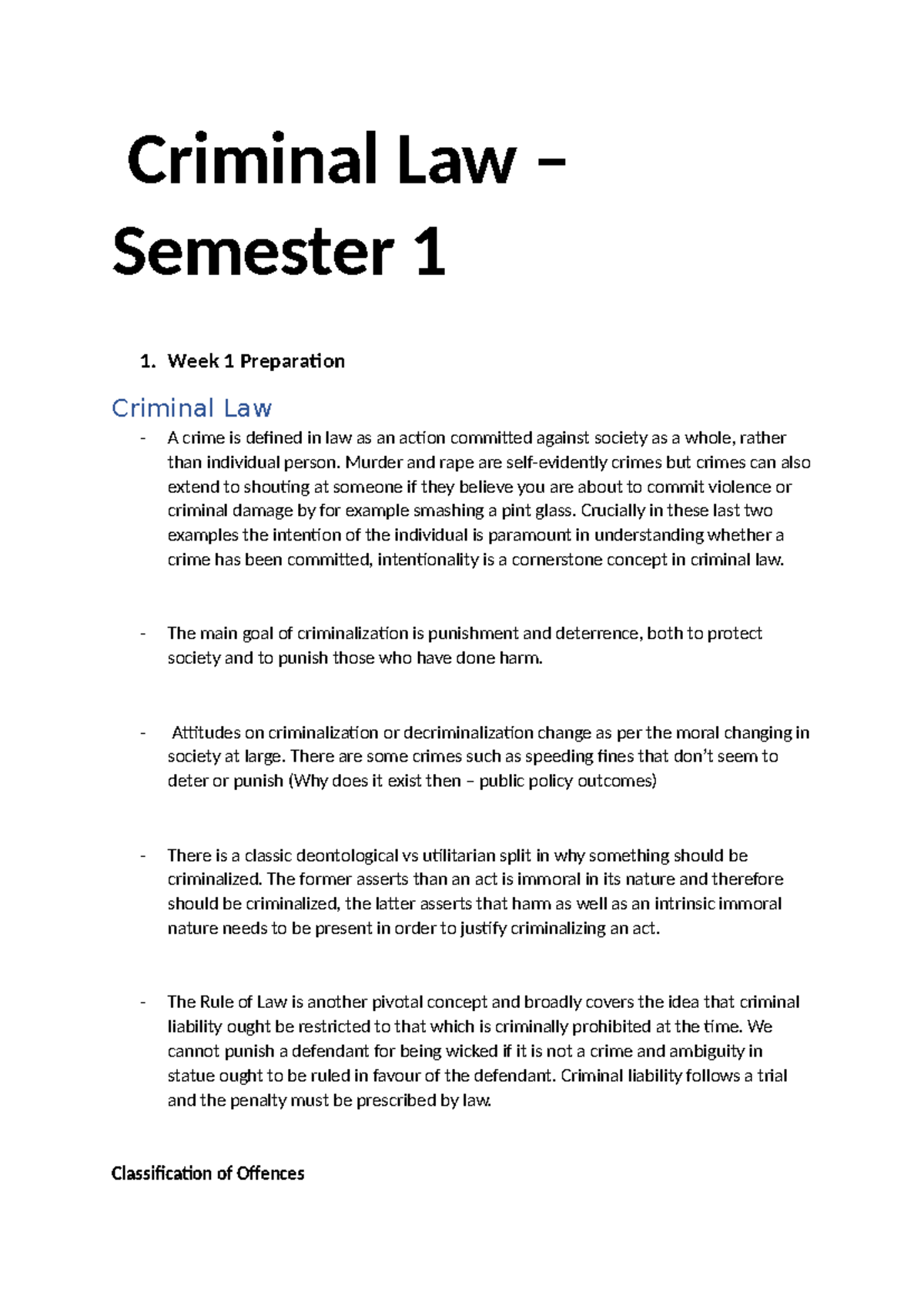 Criminal Law - Semester 1 - Criminal Law – Semester 1 1. Week 1 ...